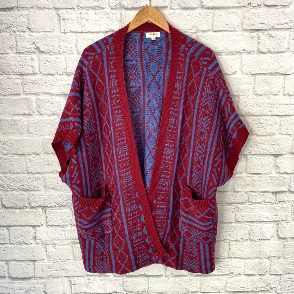 Umgee Open Front Cardigan Knit Sweater Burgundy Blue Oversized Boho Womens M L